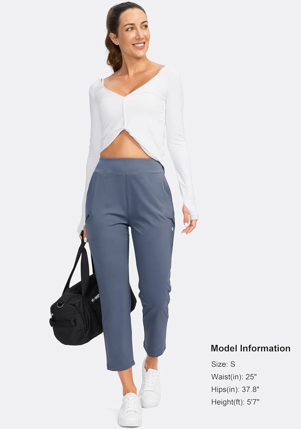 imageSANTINY Womens Golf Pants with 3 Zipper Pockets 78 Stretch High Waisted Ankle Pants for Women Travel Work