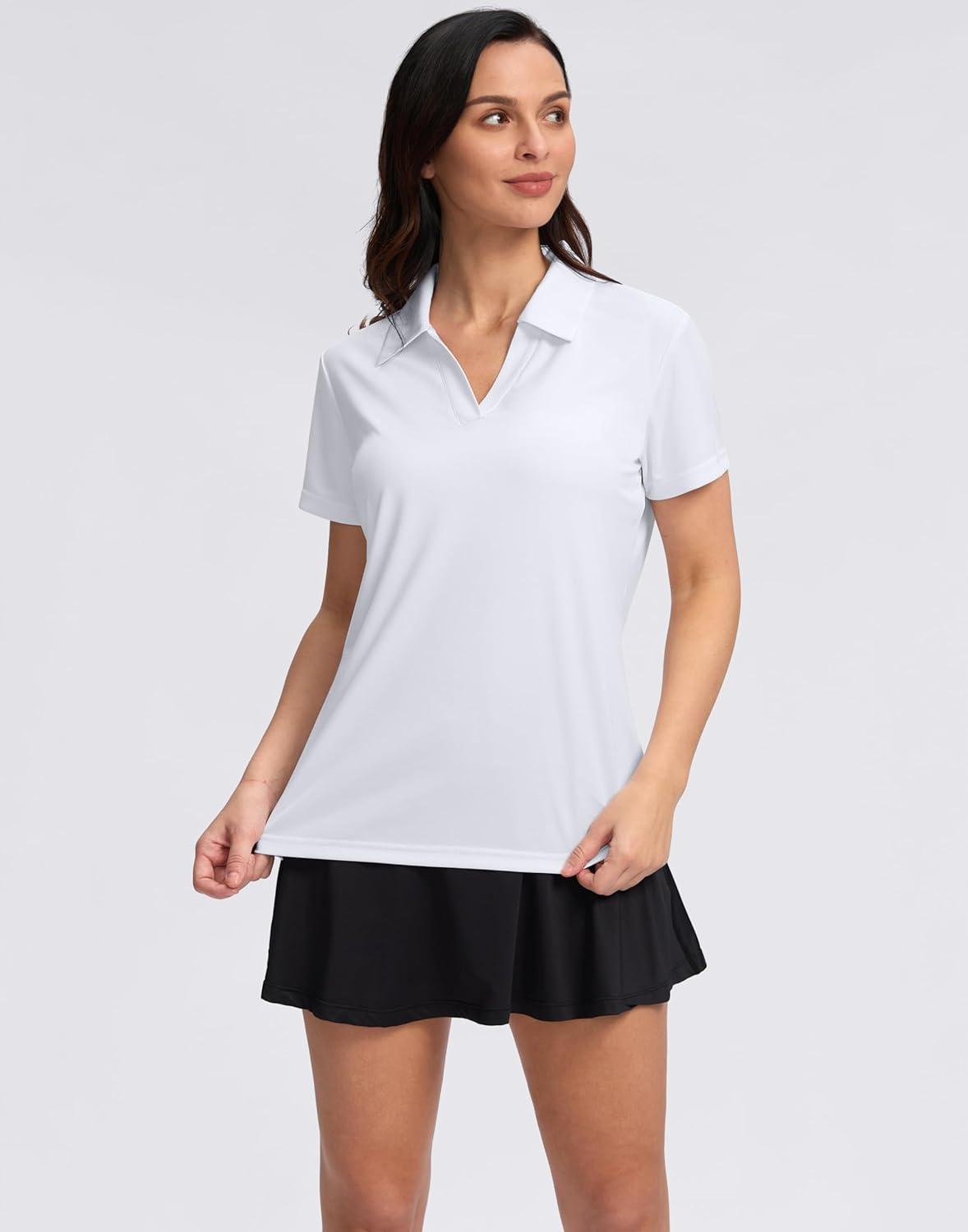 imageSANTINY Womens Golf Shirt Collared VNeck Casual Work Tennis Tops UPF50 Collared Polo Shirts for WomenA White