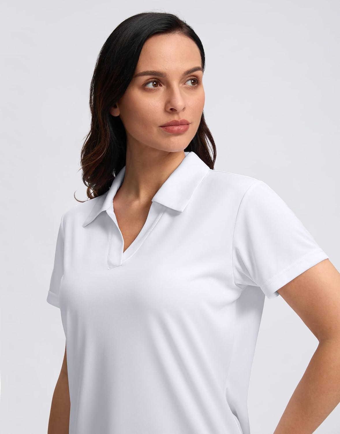 imageSANTINY Womens Golf Shirt Collared VNeck Casual Work Tennis Tops UPF50 Collared Polo Shirts for WomenA White