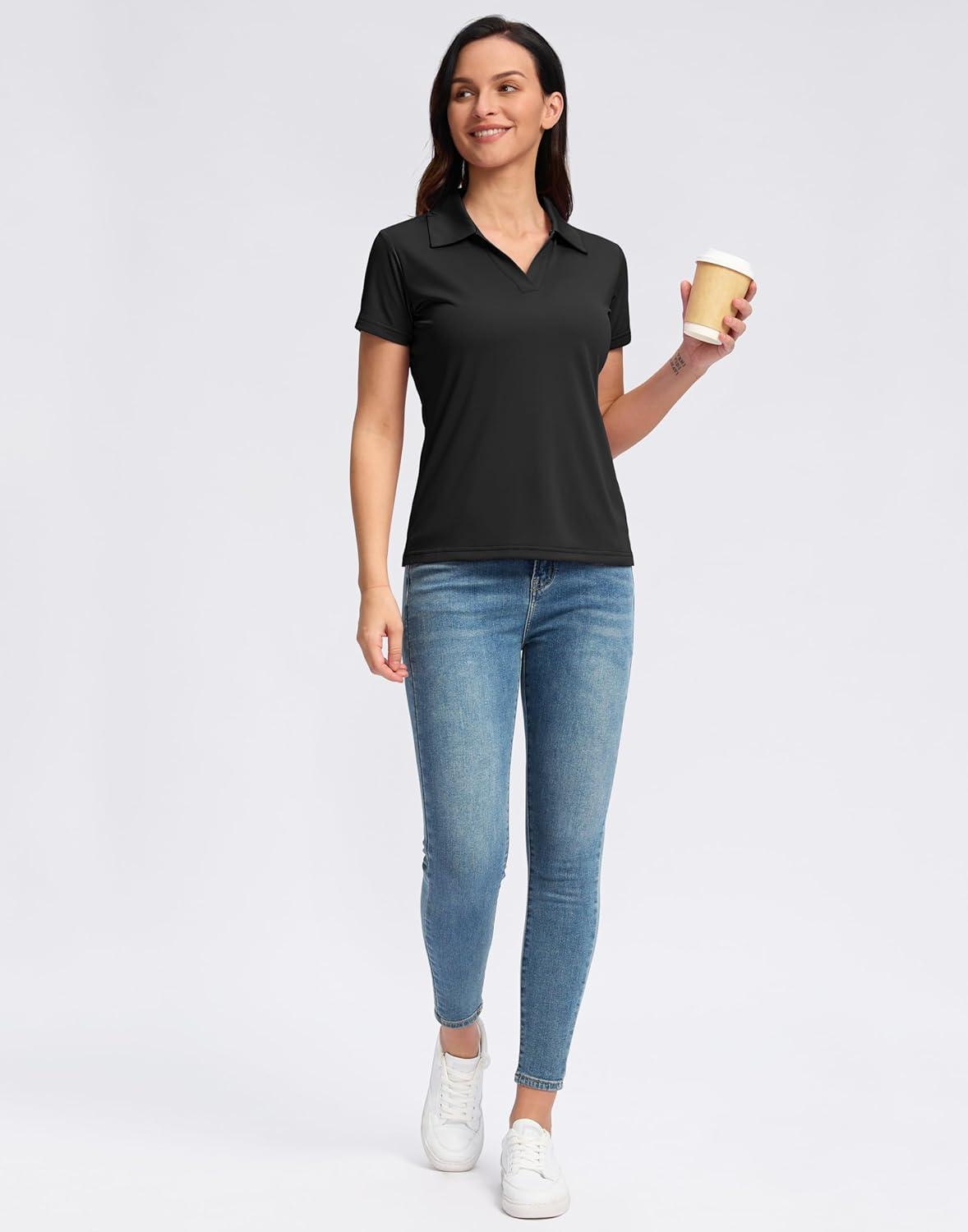 imageSANTINY Womens Golf Shirt Collared VNeck Casual Work Tennis Tops UPF50 Collared Polo Shirts for WomenBlack