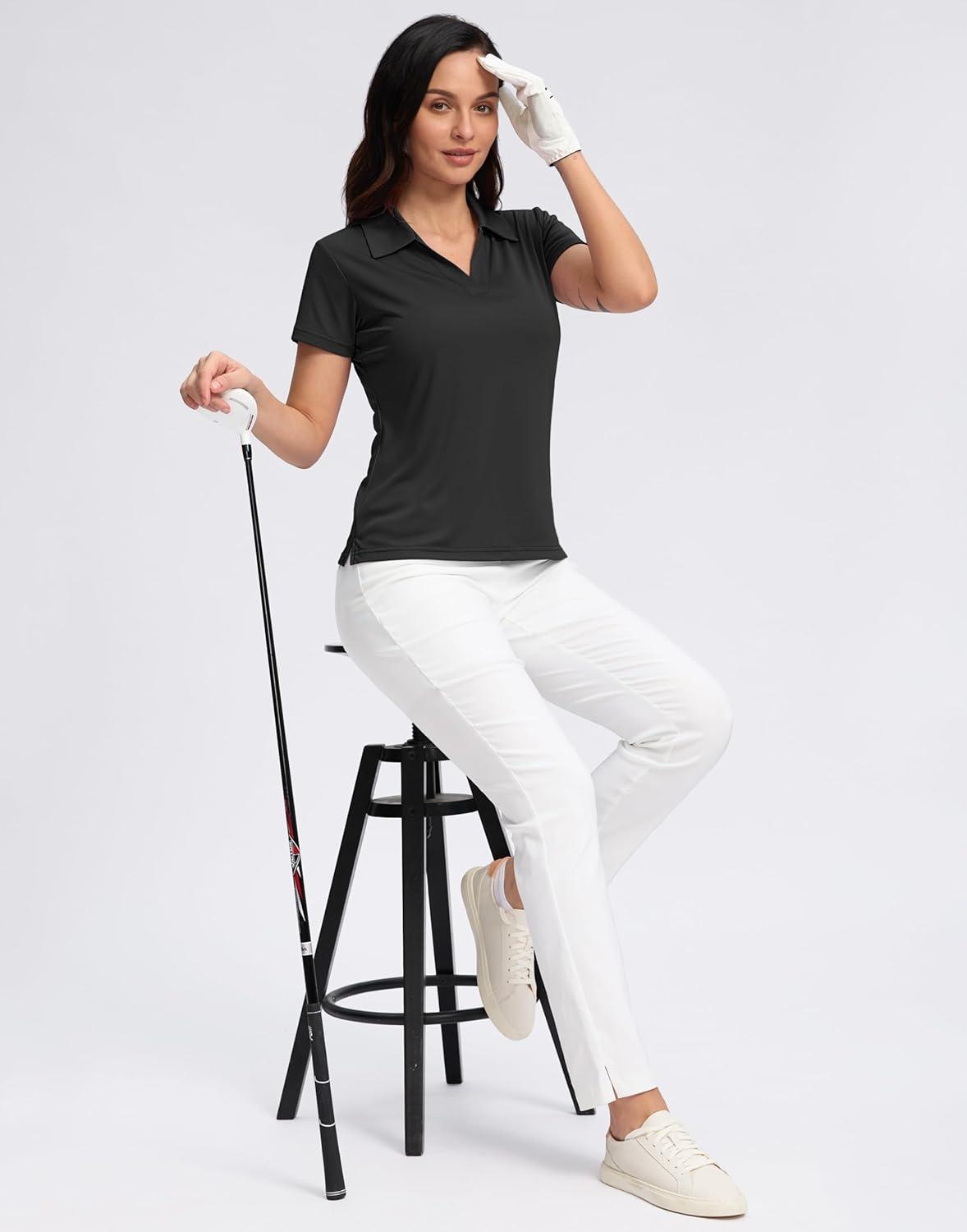 imageSANTINY Womens Golf Shirt Collared VNeck Casual Work Tennis Tops UPF50 Collared Polo Shirts for WomenBlack