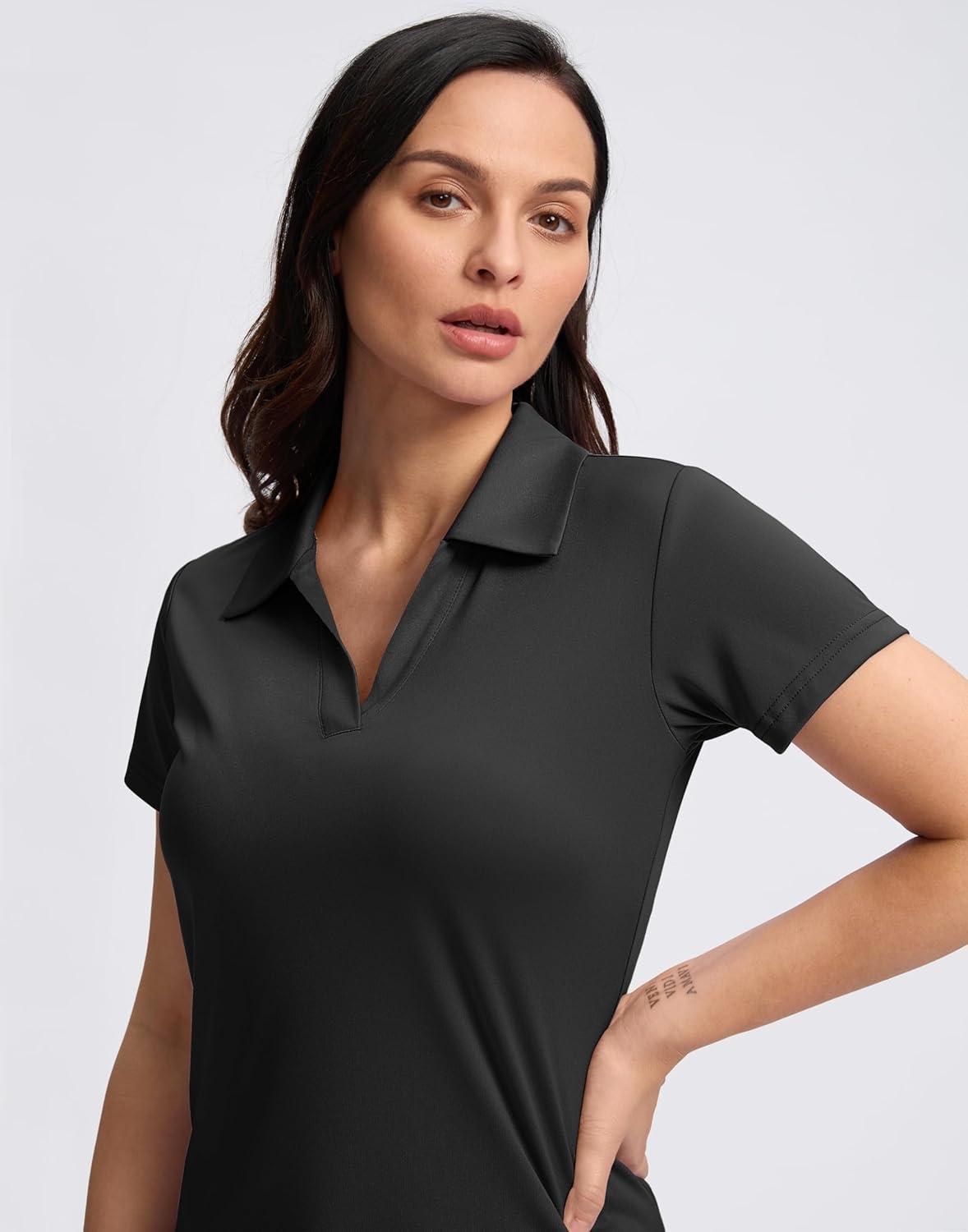 imageSANTINY Womens Golf Shirt Collared VNeck Casual Work Tennis Tops UPF50 Collared Polo Shirts for WomenBlack