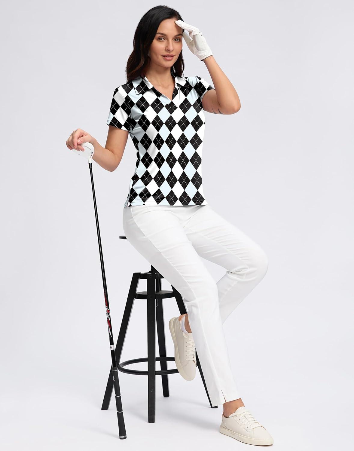 imageSANTINY Womens Golf Shirt Collared VNeck Casual Work Tennis Tops UPF50 Collared Polo Shirts for WomenBlack Argyle