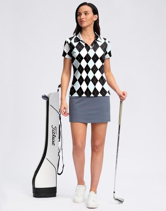 imageSANTINY Womens Golf Shirt Collared VNeck Casual Work Tennis Tops UPF50 Collared Polo Shirts for WomenBlack Argyle