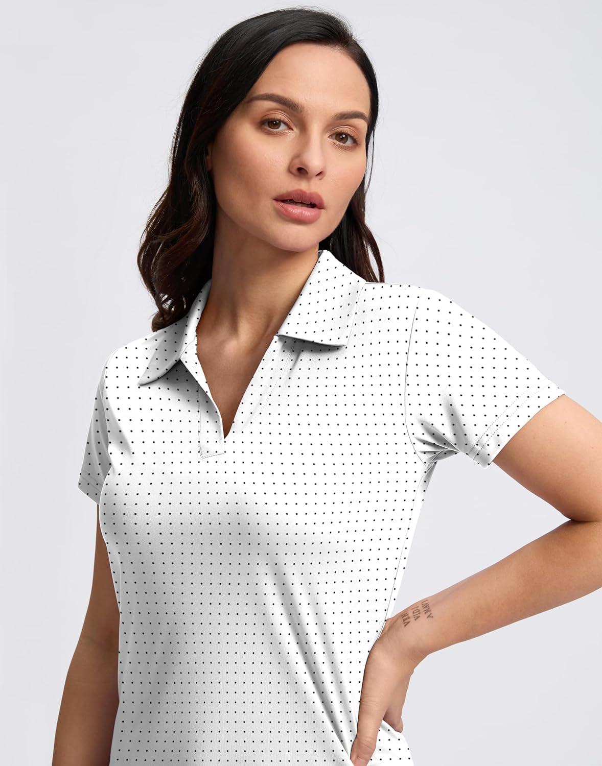 imageSANTINY Womens Golf Shirt Collared VNeck Casual Work Tennis Tops UPF50 Collared Polo Shirts for WomenBlack Dot