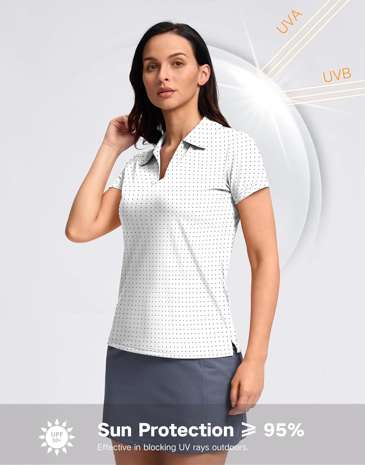 imageSANTINY Womens Golf Shirt Collared VNeck Casual Work Tennis Tops UPF50 Collared Polo Shirts for WomenBlack Dot