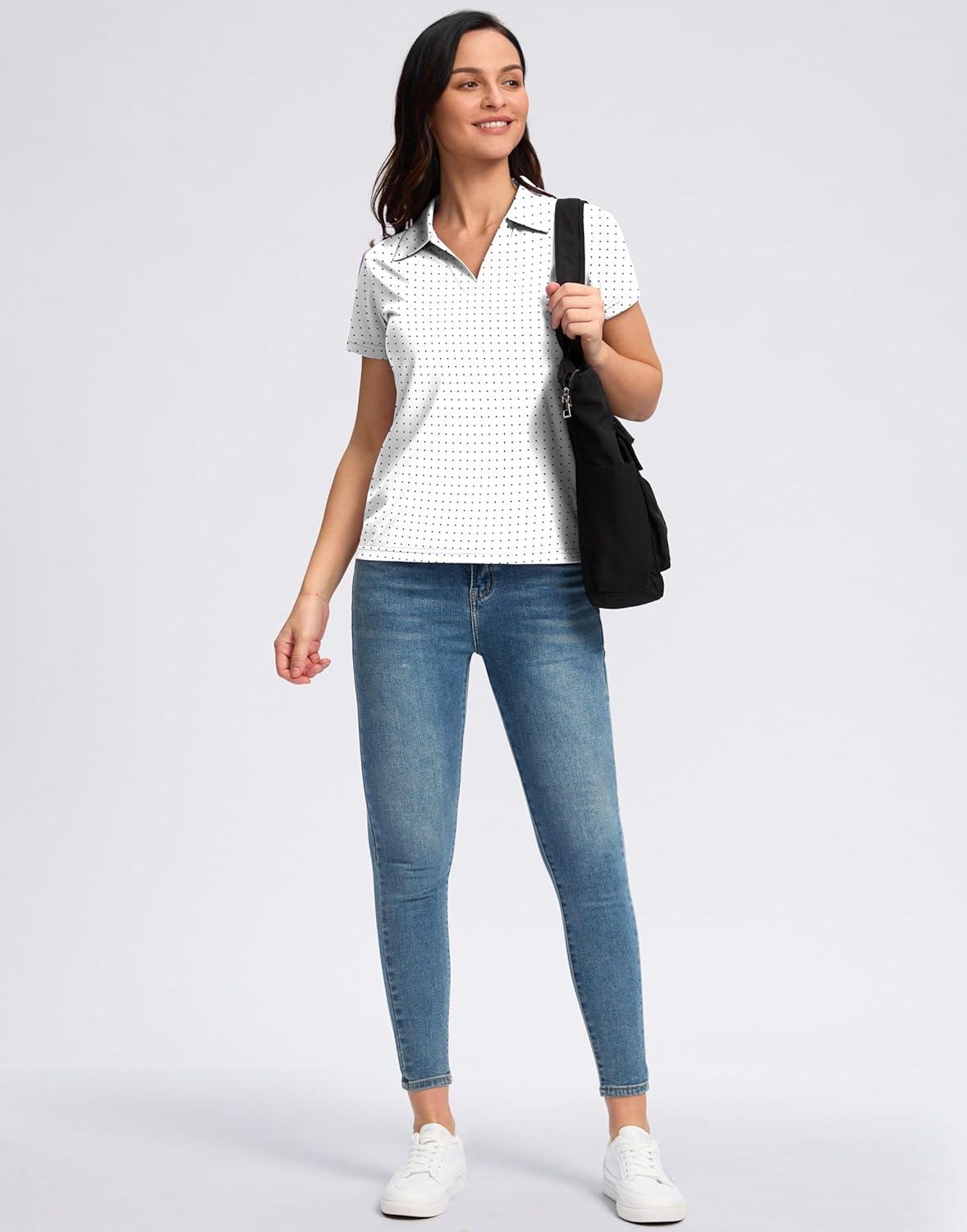 imageSANTINY Womens Golf Shirt Collared VNeck Casual Work Tennis Tops UPF50 Collared Polo Shirts for WomenBlack Dot