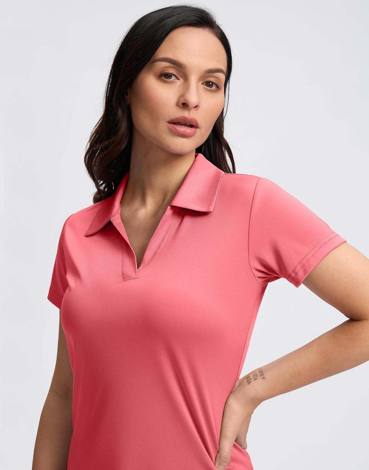 imageSANTINY Womens Golf Shirt Collared VNeck Casual Work Tennis Tops UPF50 Collared Polo Shirts for WomenCoral