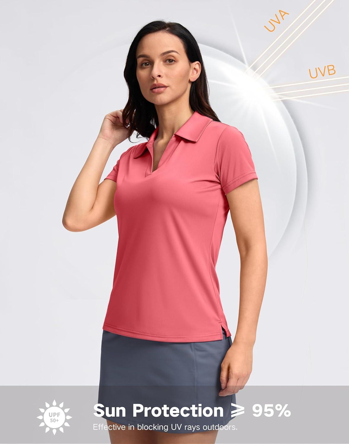 imageSANTINY Womens Golf Shirt Collared VNeck Casual Work Tennis Tops UPF50 Collared Polo Shirts for WomenCoral