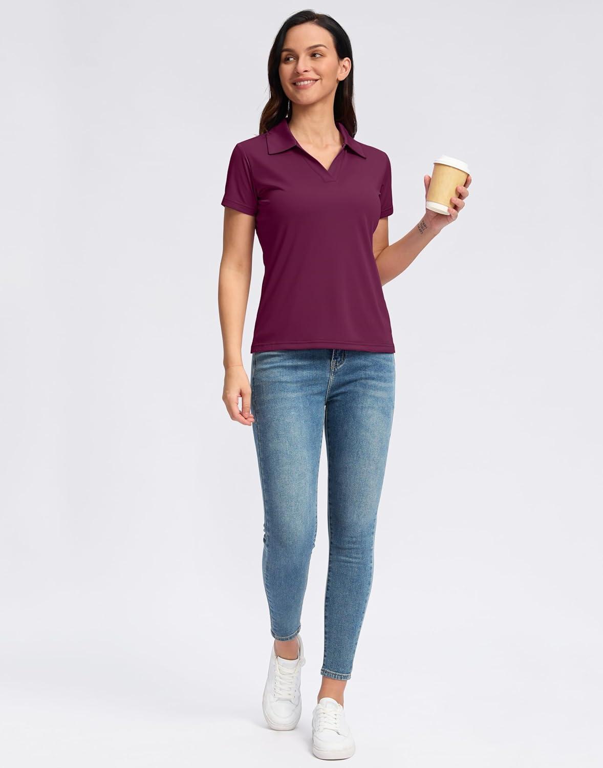 imageSANTINY Womens Golf Shirt Collared VNeck Casual Work Tennis Tops UPF50 Collared Polo Shirts for WomenFuchasia Red