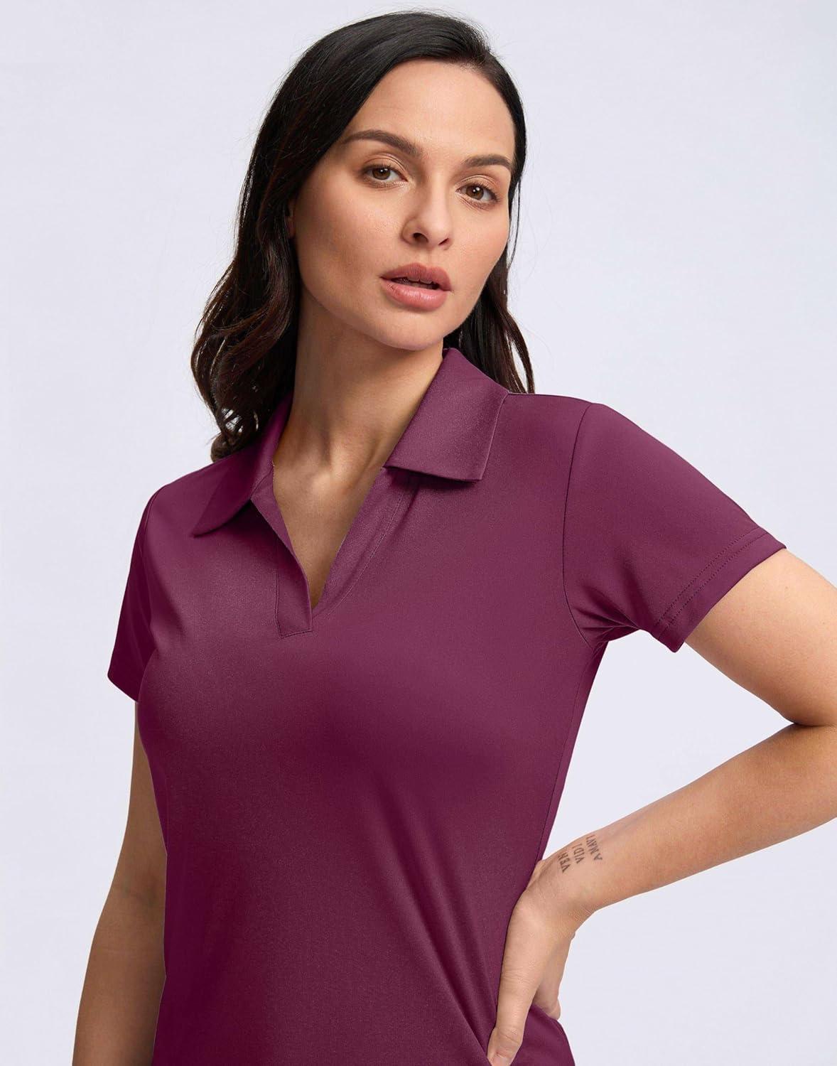 imageSANTINY Womens Golf Shirt Collared VNeck Casual Work Tennis Tops UPF50 Collared Polo Shirts for WomenFuchasia Red