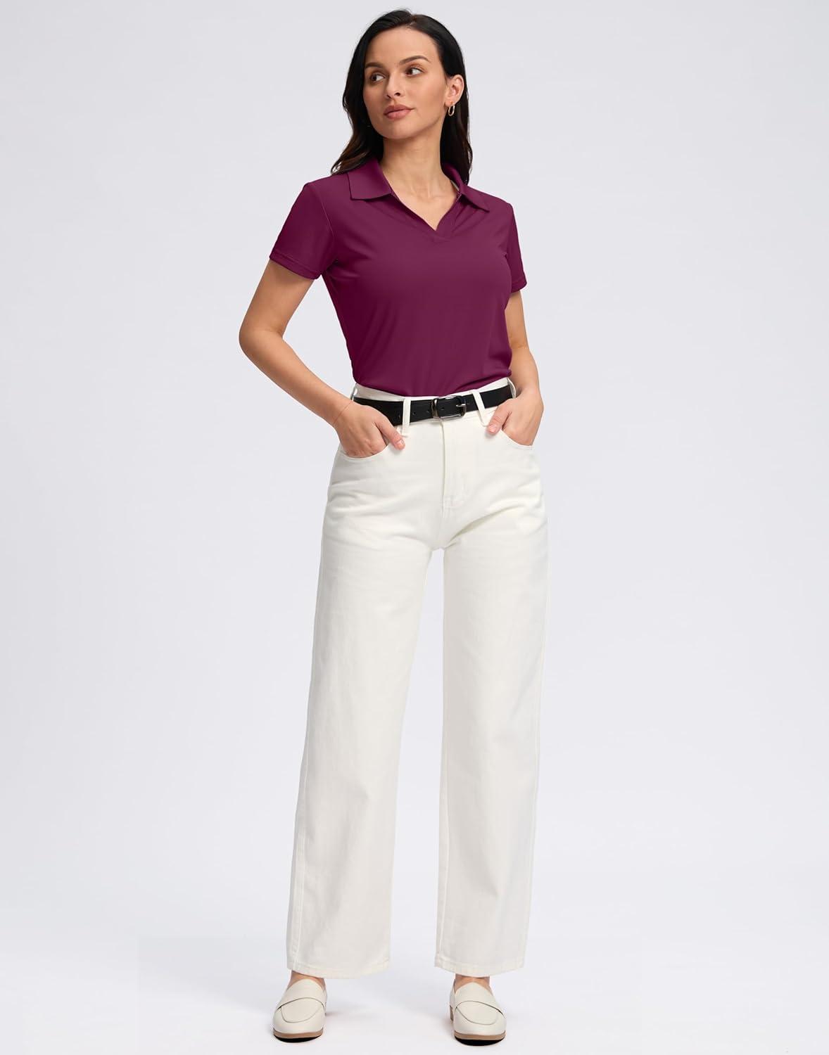 imageSANTINY Womens Golf Shirt Collared VNeck Casual Work Tennis Tops UPF50 Collared Polo Shirts for WomenFuchasia Red