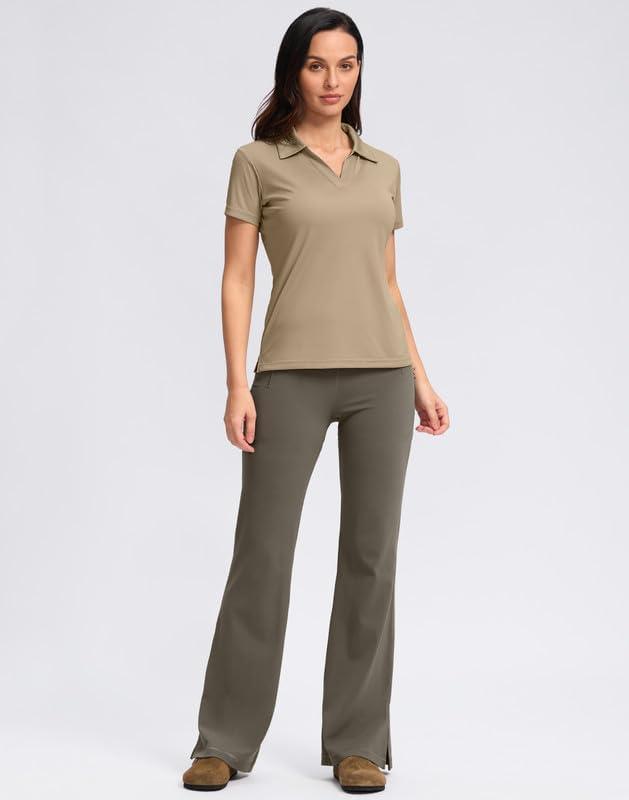 imageSANTINY Womens Golf Shirt Collared VNeck Casual Work Tennis Tops UPF50 Collared Polo Shirts for WomenKhaki