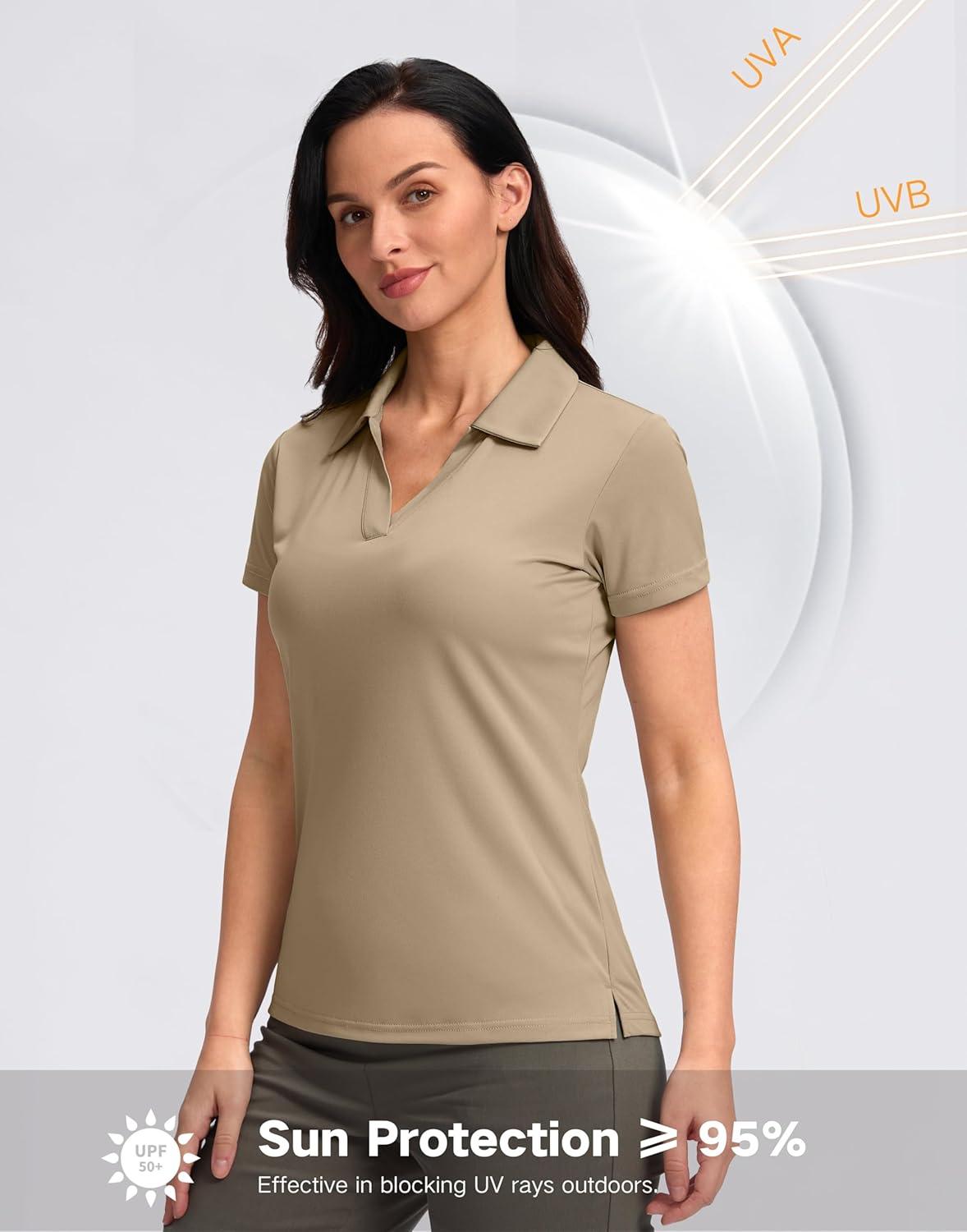 imageSANTINY Womens Golf Shirt Collared VNeck Casual Work Tennis Tops UPF50 Collared Polo Shirts for WomenKhaki