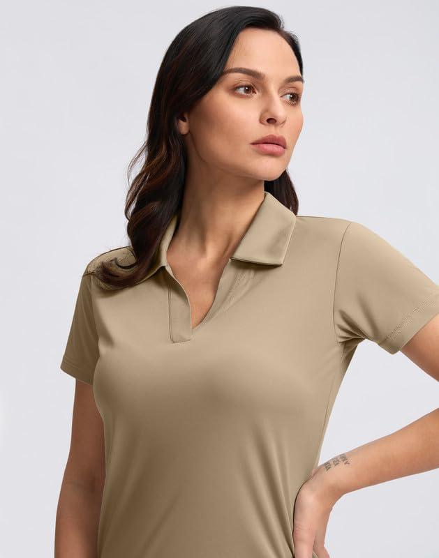 imageSANTINY Womens Golf Shirt Collared VNeck Casual Work Tennis Tops UPF50 Collared Polo Shirts for WomenKhaki