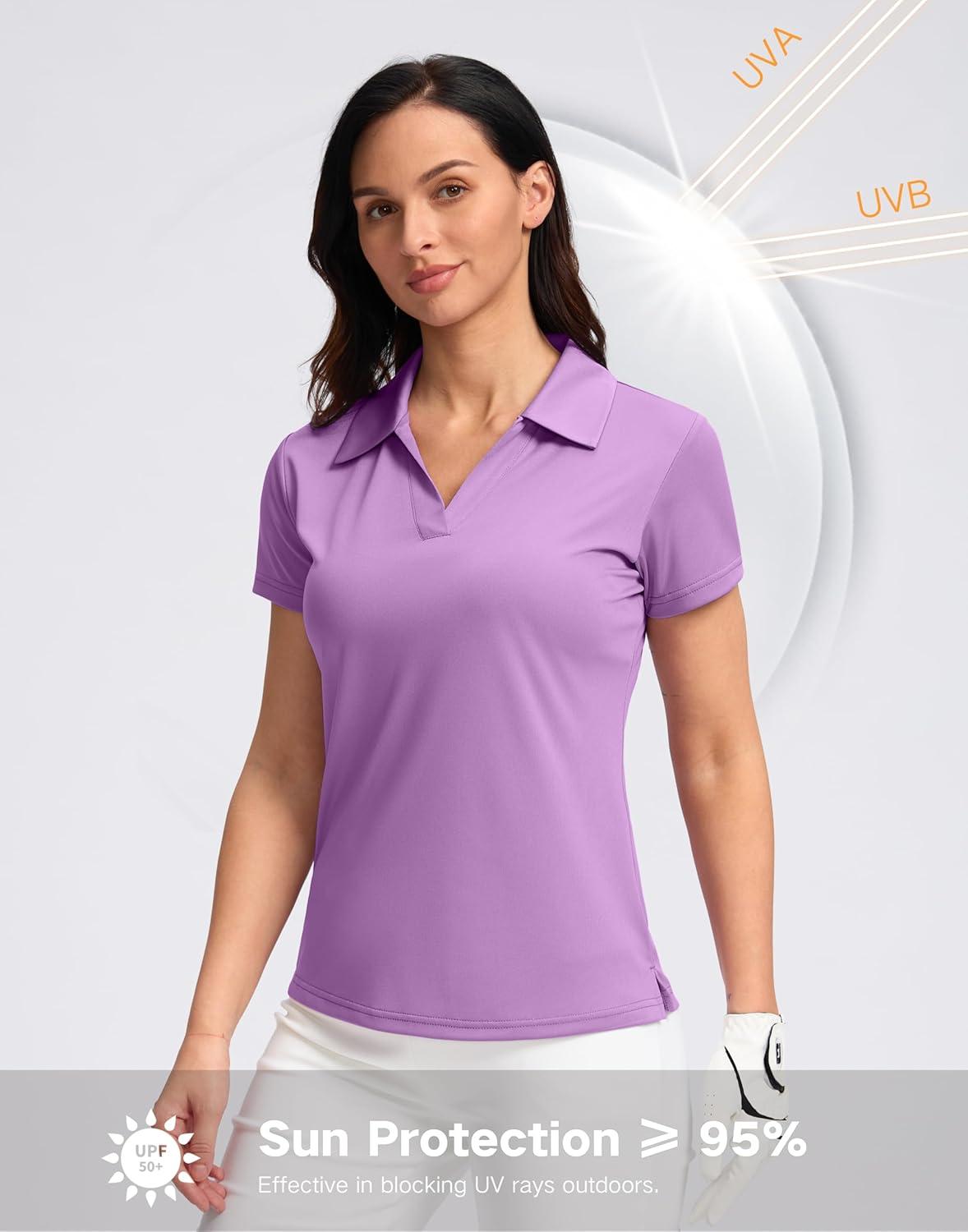 imageSANTINY Womens Golf Shirt Collared VNeck Casual Work Tennis Tops UPF50 Collared Polo Shirts for WomenLavender