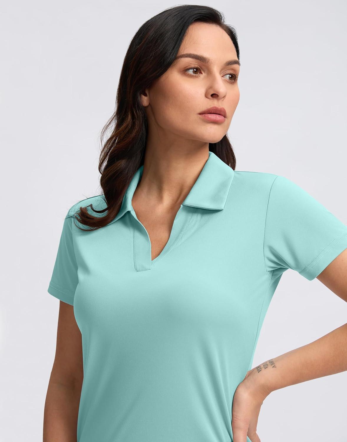 imageSANTINY Womens Golf Shirt Collared VNeck Casual Work Tennis Tops UPF50 Collared Polo Shirts for WomenLight Aqua