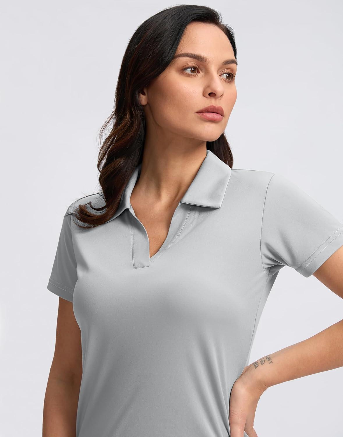 imageSANTINY Womens Golf Shirt Collared VNeck Casual Work Tennis Tops UPF50 Collared Polo Shirts for WomenLight Grey