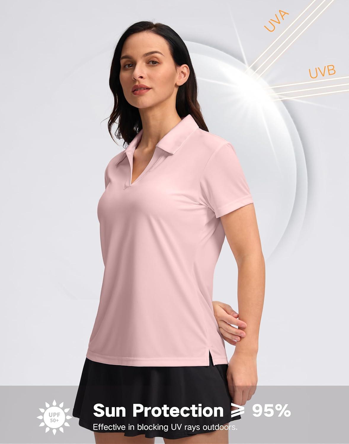imageSANTINY Womens Golf Shirt Collared VNeck Casual Work Tennis Tops UPF50 Collared Polo Shirts for WomenLight Pink