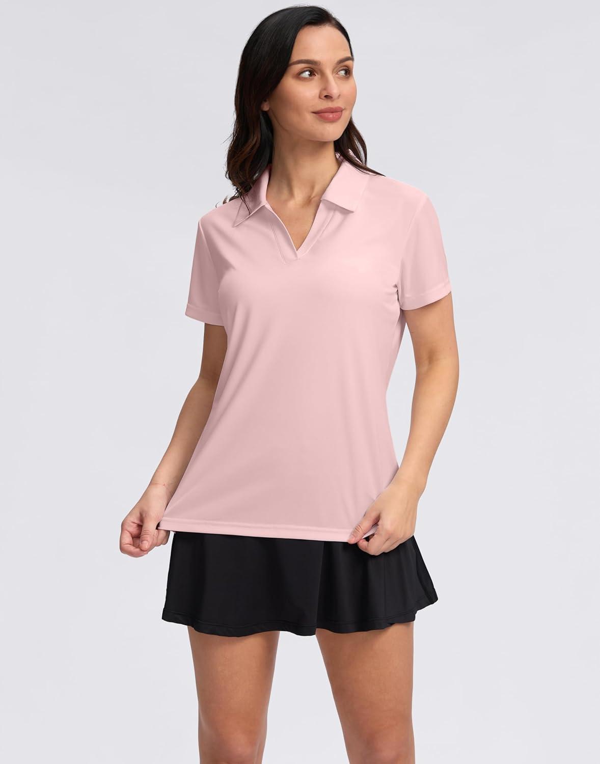 imageSANTINY Womens Golf Shirt Collared VNeck Casual Work Tennis Tops UPF50 Collared Polo Shirts for WomenLight Pink