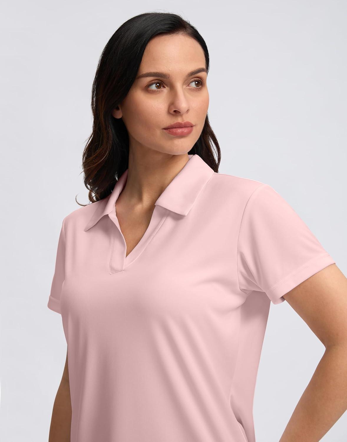 imageSANTINY Womens Golf Shirt Collared VNeck Casual Work Tennis Tops UPF50 Collared Polo Shirts for WomenLight Pink