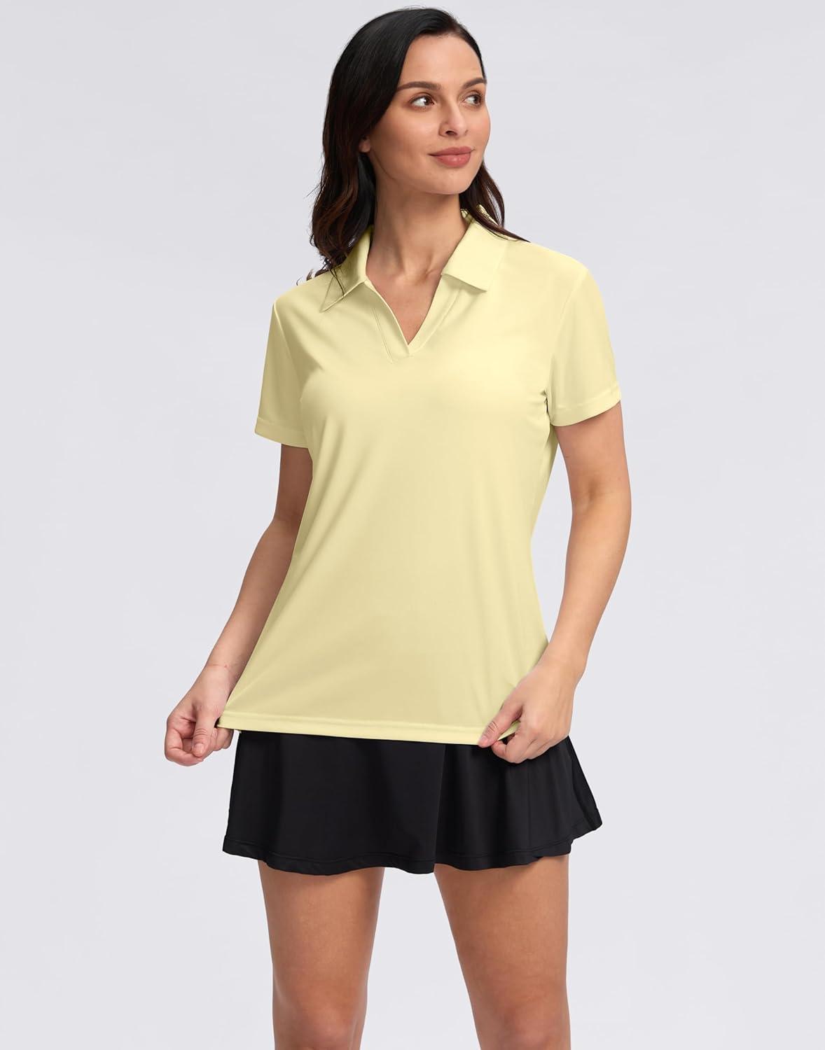 imageSANTINY Womens Golf Shirt Collared VNeck Casual Work Tennis Tops UPF50 Collared Polo Shirts for WomenLight Yellow
