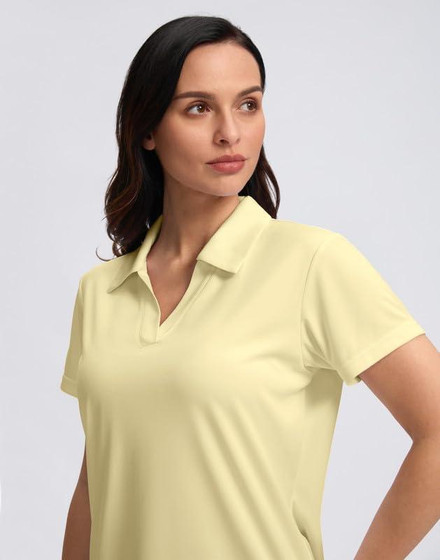imageSANTINY Womens Golf Shirt Collared VNeck Casual Work Tennis Tops UPF50 Collared Polo Shirts for WomenLight Yellow