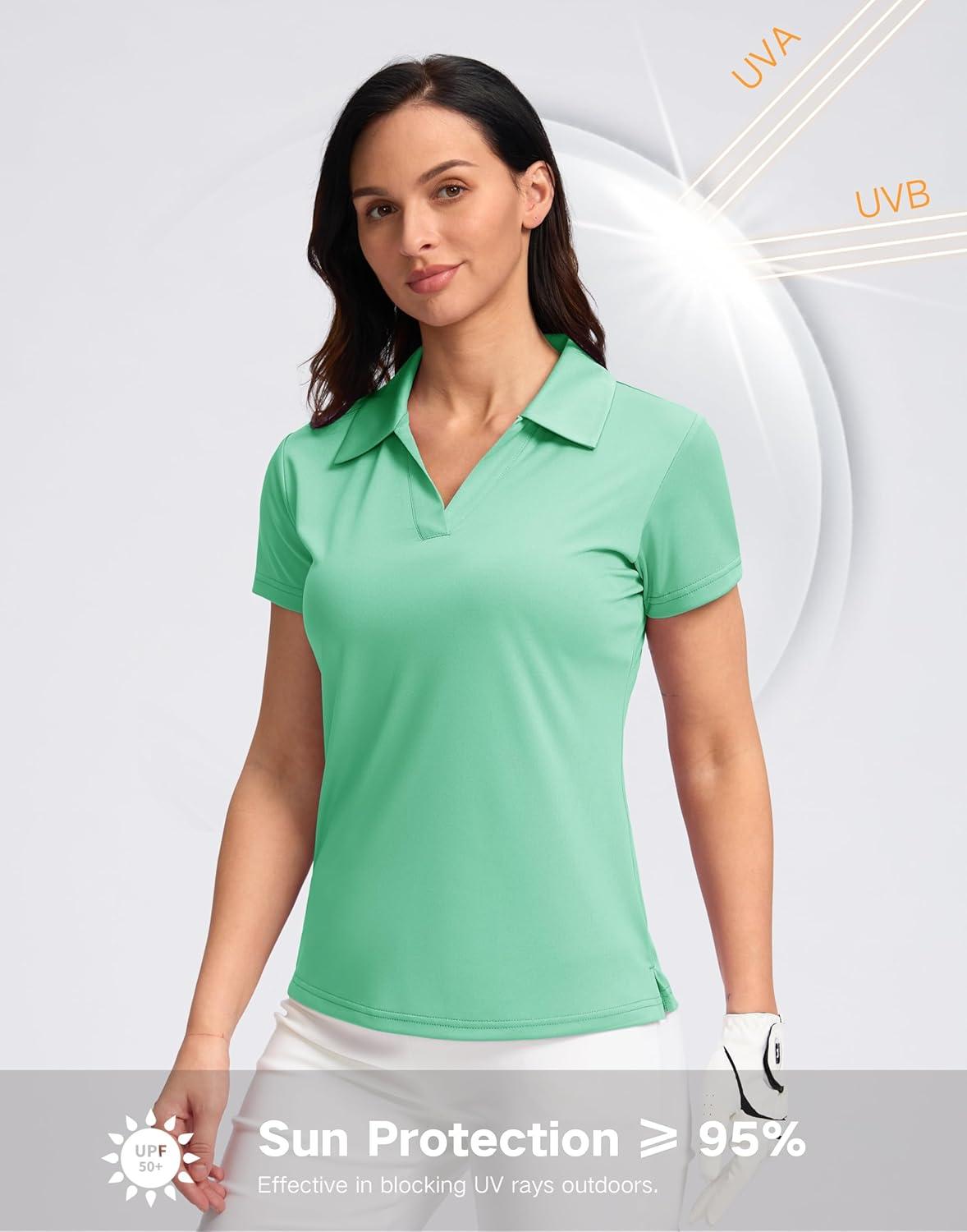imageSANTINY Womens Golf Shirt Collared VNeck Casual Work Tennis Tops UPF50 Collared Polo Shirts for WomenMint Green