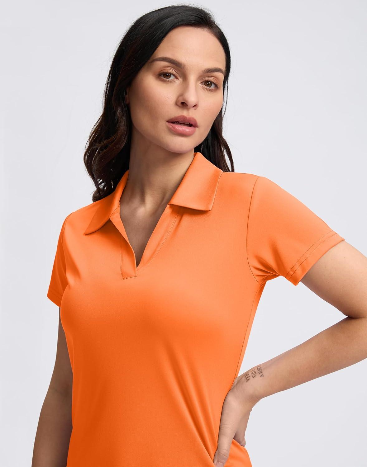 imageSANTINY Womens Golf Shirt Collared VNeck Casual Work Tennis Tops UPF50 Collared Polo Shirts for WomenOrange