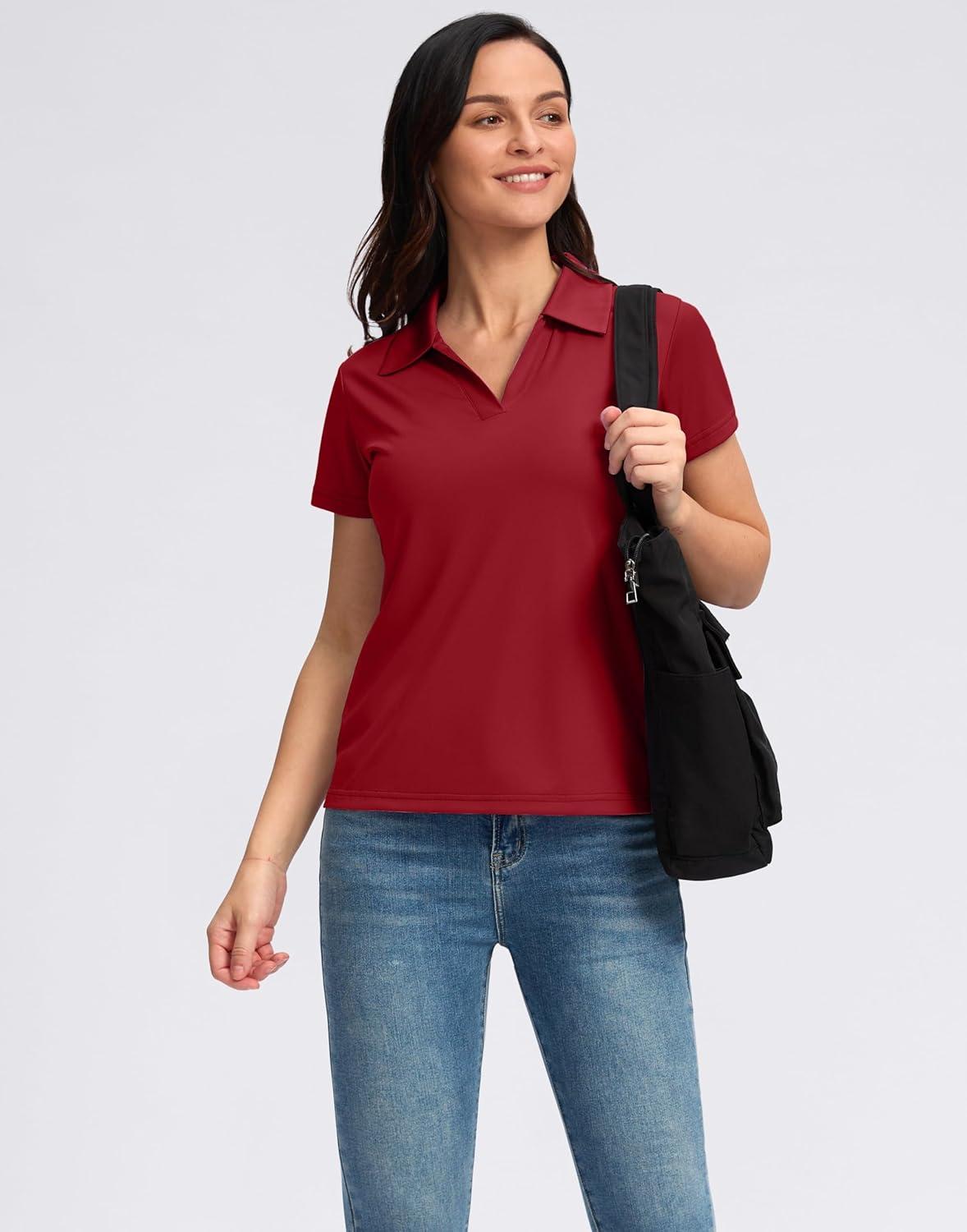 imageSANTINY Womens Golf Shirt Collared VNeck Casual Work Tennis Tops UPF50 Collared Polo Shirts for WomenRed