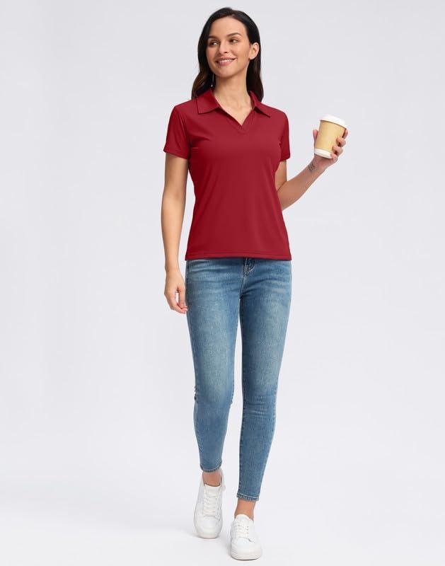imageSANTINY Womens Golf Shirt Collared VNeck Casual Work Tennis Tops UPF50 Collared Polo Shirts for WomenRed