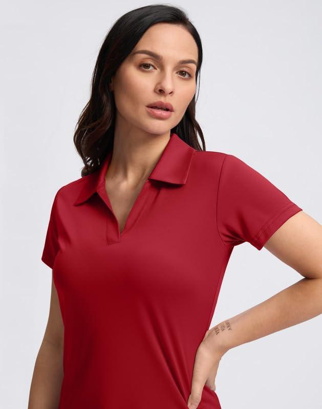 imageSANTINY Womens Golf Shirt Collared VNeck Casual Work Tennis Tops UPF50 Collared Polo Shirts for WomenRed
