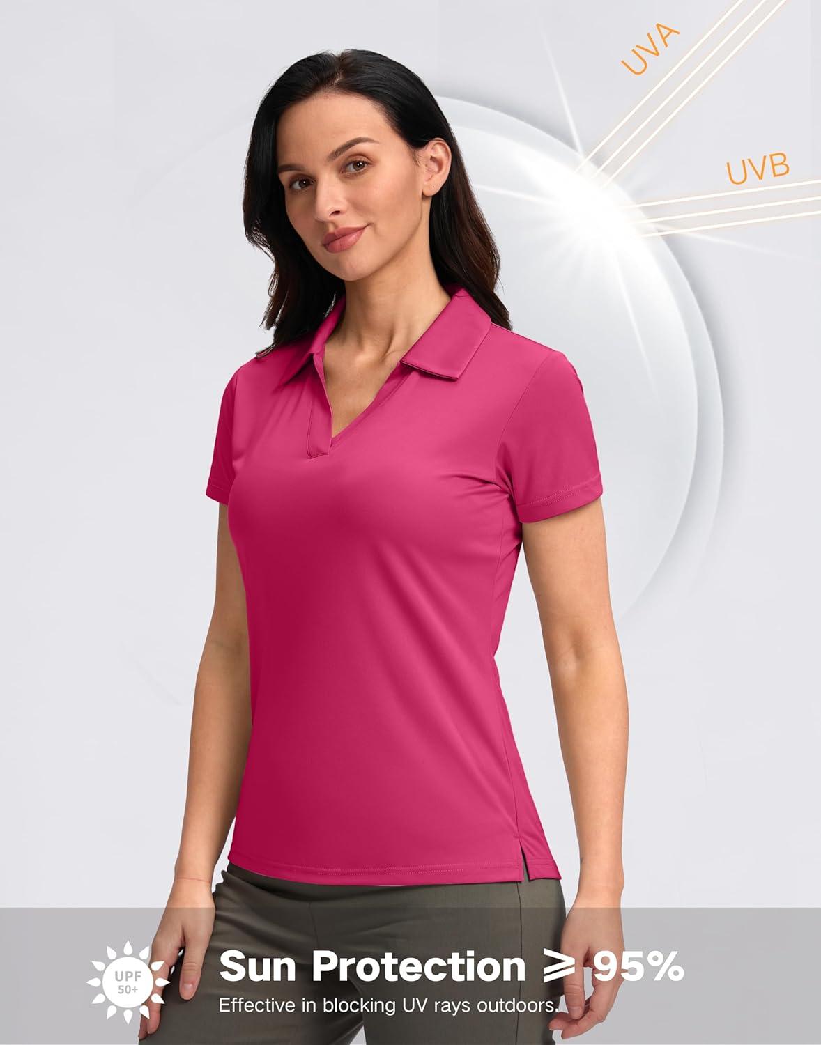 imageSANTINY Womens Golf Shirt Collared VNeck Casual Work Tennis Tops UPF50 Collared Polo Shirts for WomenRose