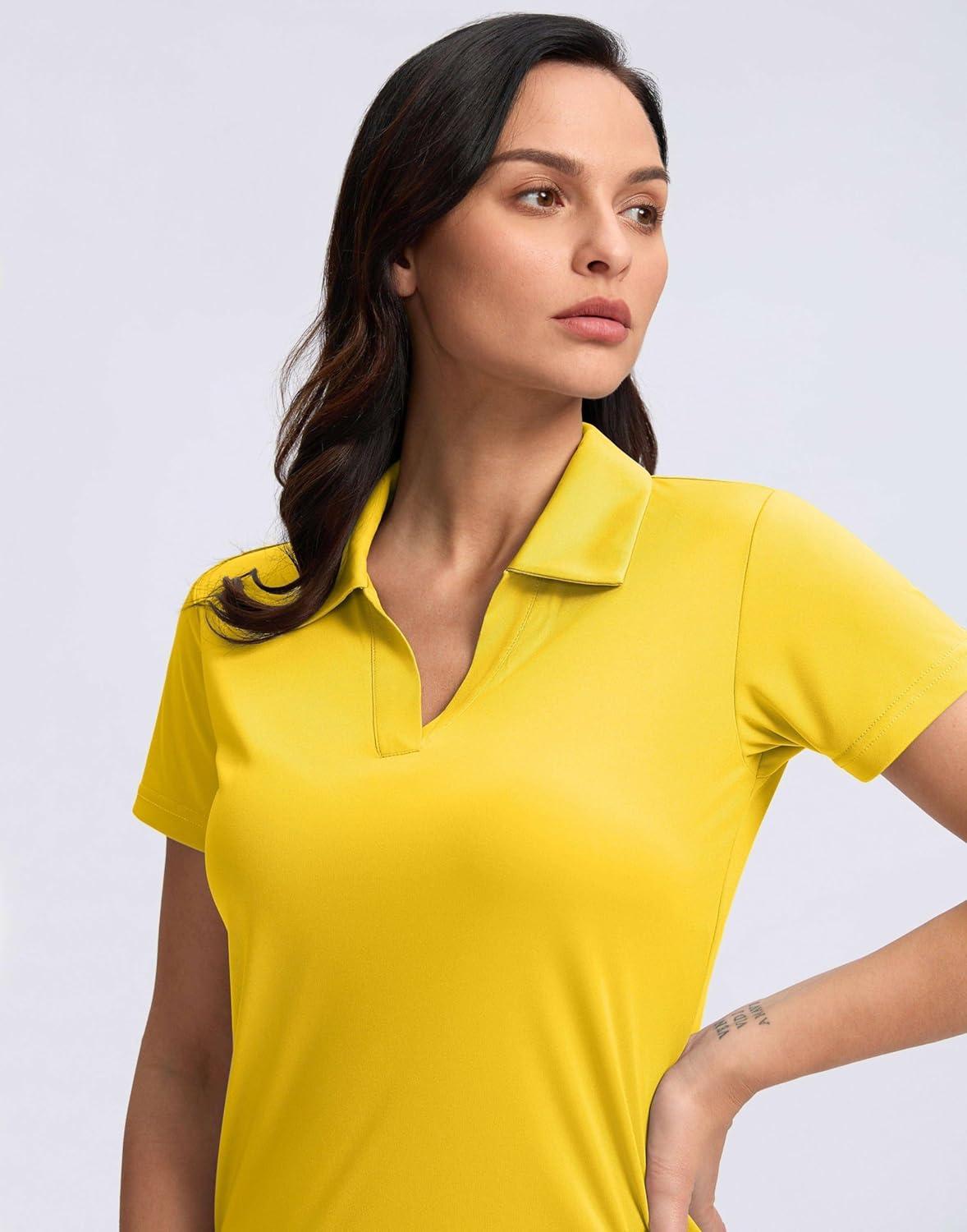 imageSANTINY Womens Golf Shirt Collared VNeck Casual Work Tennis Tops UPF50 Collared Polo Shirts for WomenYellow