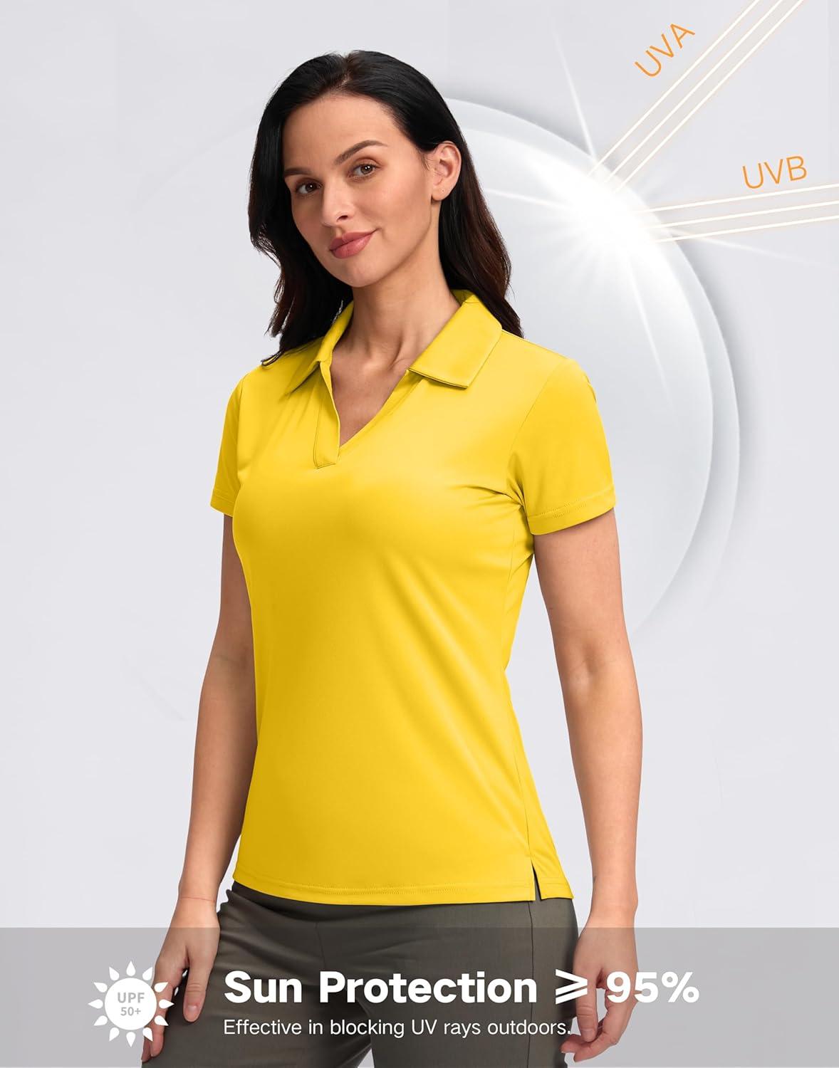 imageSANTINY Womens Golf Shirt Collared VNeck Casual Work Tennis Tops UPF50 Collared Polo Shirts for WomenYellow