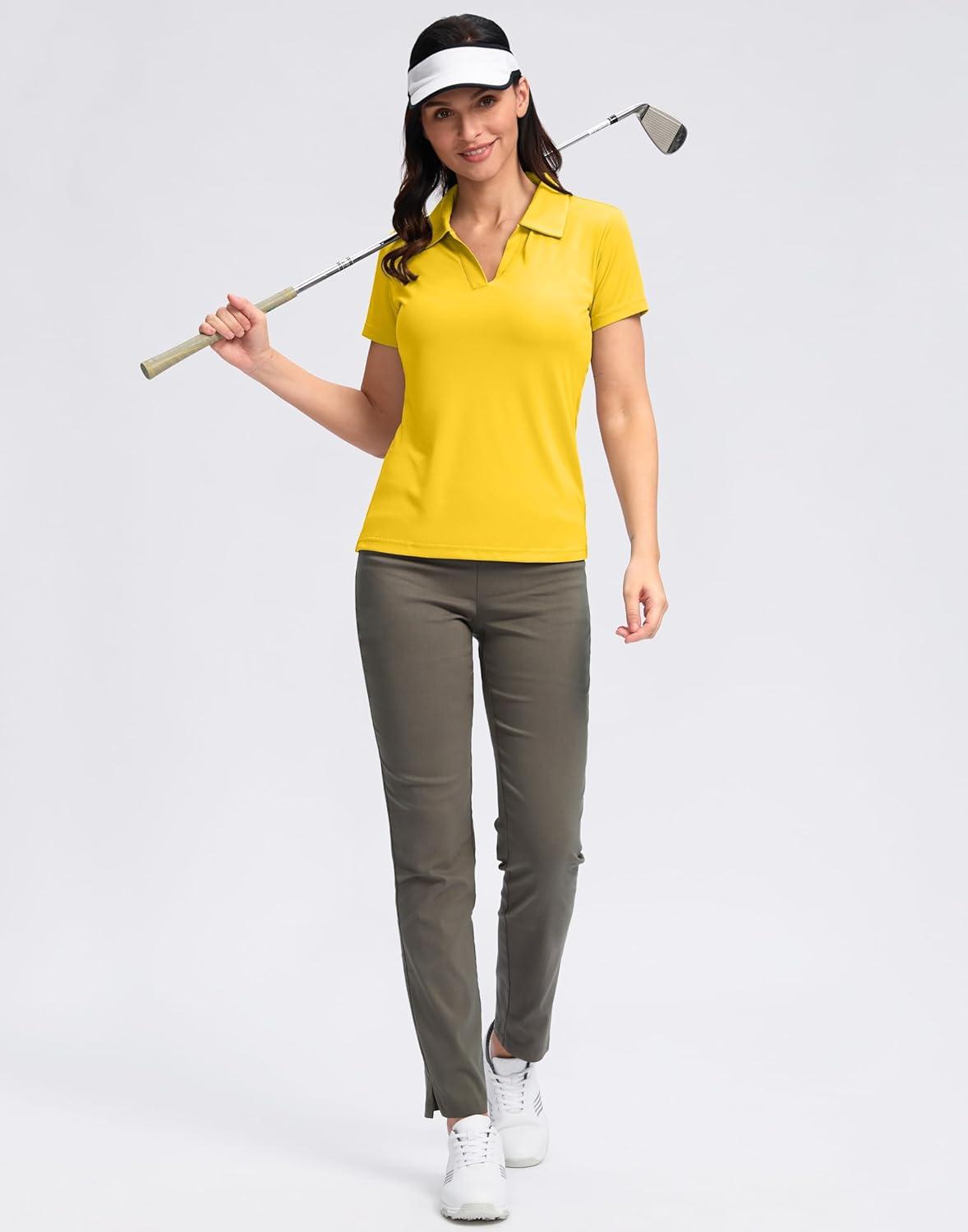 imageSANTINY Womens Golf Shirt Collared VNeck Casual Work Tennis Tops UPF50 Collared Polo Shirts for WomenYellow