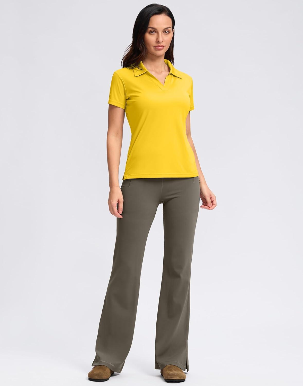 imageSANTINY Womens Golf Shirt Collared VNeck Casual Work Tennis Tops UPF50 Collared Polo Shirts for WomenYellow