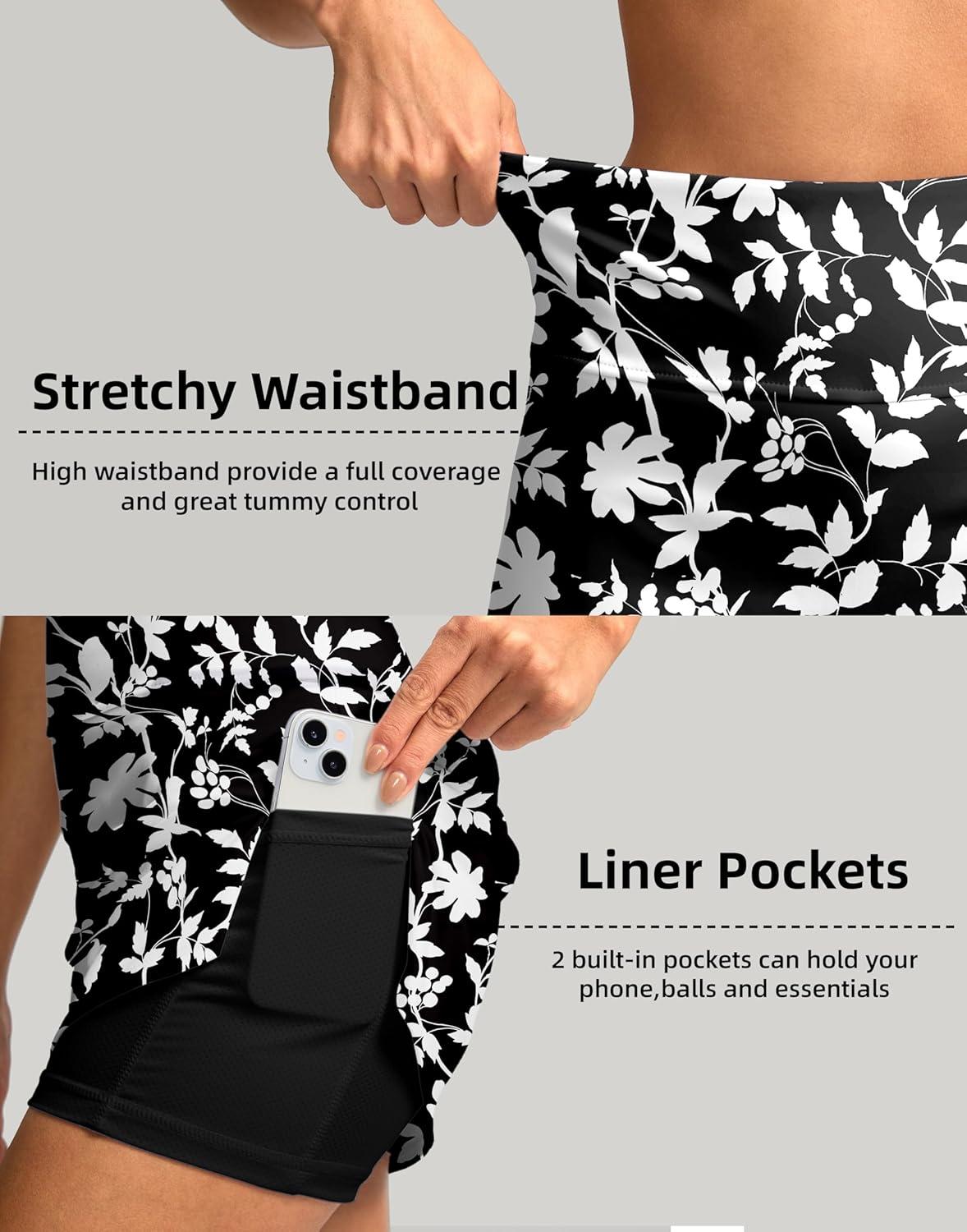 imageSANTINY Womens Golf Skirts Skorts High Waisted Tennis Skirt Athletic Workout Casual Skorts for Woman with Short PocketsBlack Flower