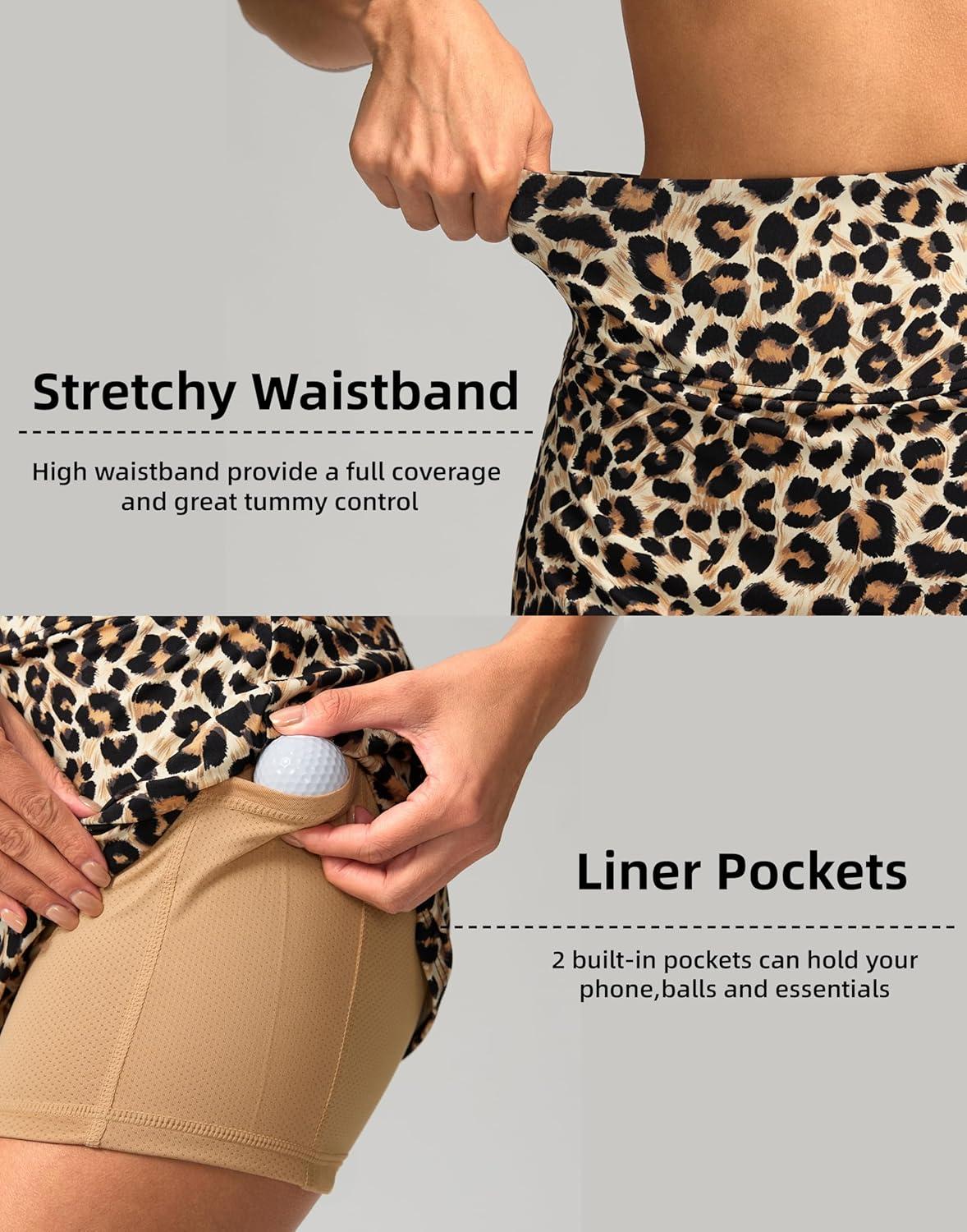 imageSANTINY Womens Golf Skirts Skorts High Waisted Tennis Skirt Athletic Workout Casual Skorts for Woman with Short PocketsBrown Leopard