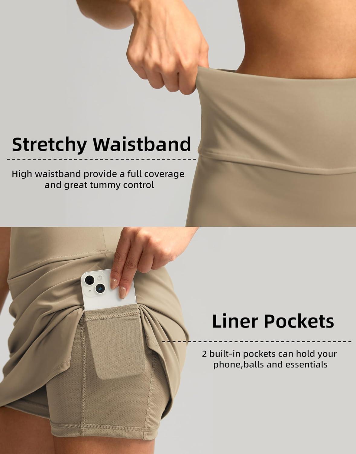 imageSANTINY Womens Golf Skirts Skorts High Waisted Tennis Skirt Athletic Workout Casual Skorts for Woman with Short PocketsKhaki