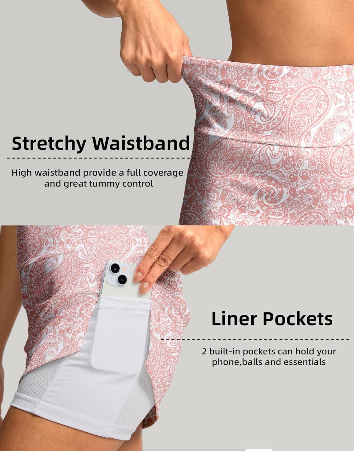 imageSANTINY Womens Golf Skirts Skorts High Waisted Tennis Skirt Athletic Workout Casual Skorts for Woman with Short PocketsPink Paisley