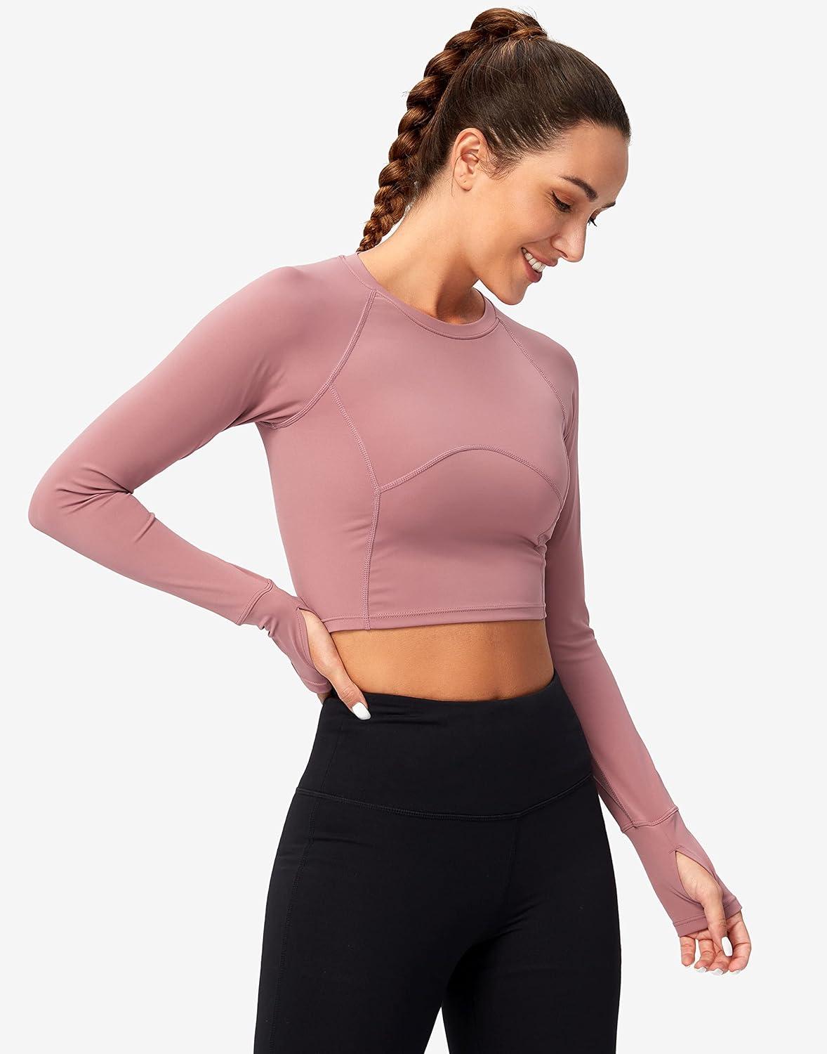 imageSANTINY Womens Long Sleeve Crop Workout Tops Slim Fit Gym Yoga Running Shirts for WomenB Pink