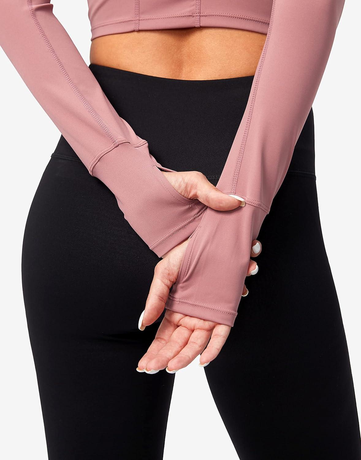 imageSANTINY Womens Long Sleeve Crop Workout Tops Slim Fit Gym Yoga Running Shirts for WomenB Pink