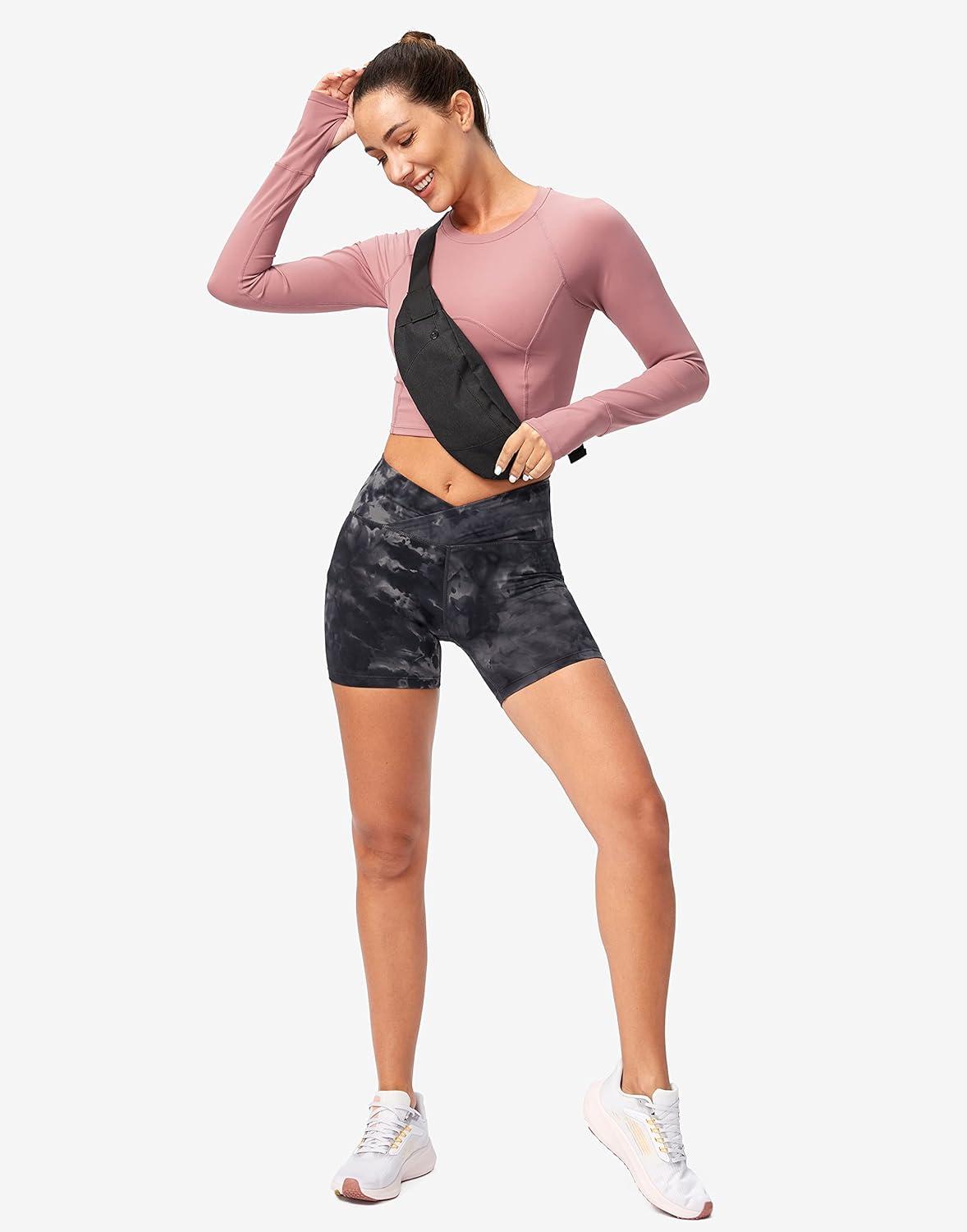 imageSANTINY Womens Long Sleeve Crop Workout Tops Slim Fit Gym Yoga Running Shirts for WomenB Pink