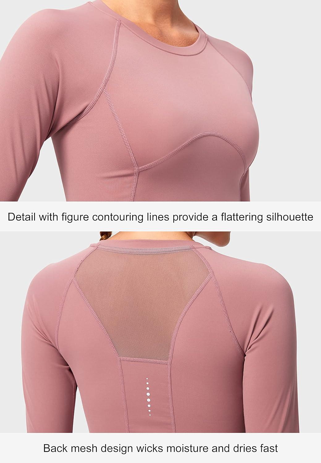 imageSANTINY Womens Long Sleeve Crop Workout Tops Slim Fit Gym Yoga Running Shirts for WomenB Pink