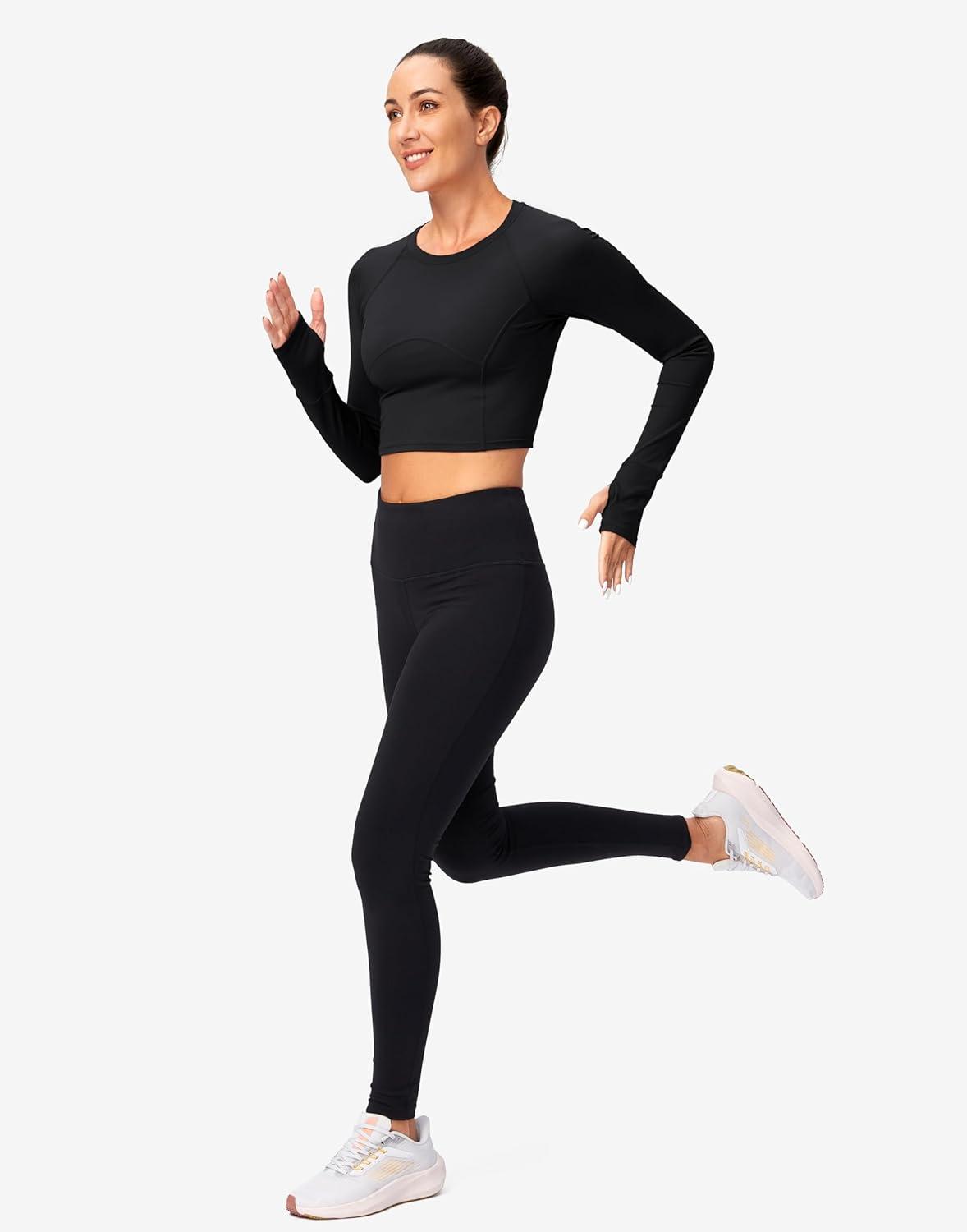 imageSANTINY Womens Long Sleeve Crop Workout Tops Slim Fit Gym Yoga Running Shirts for WomenBlack