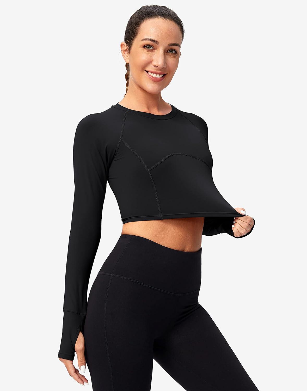 imageSANTINY Womens Long Sleeve Crop Workout Tops Slim Fit Gym Yoga Running Shirts for WomenBlack
