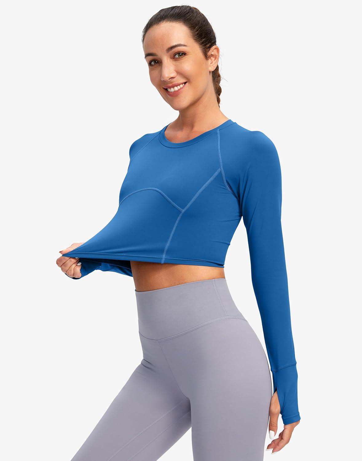 imageSANTINY Womens Long Sleeve Crop Workout Tops Slim Fit Gym Yoga Running Shirts for WomenBlue