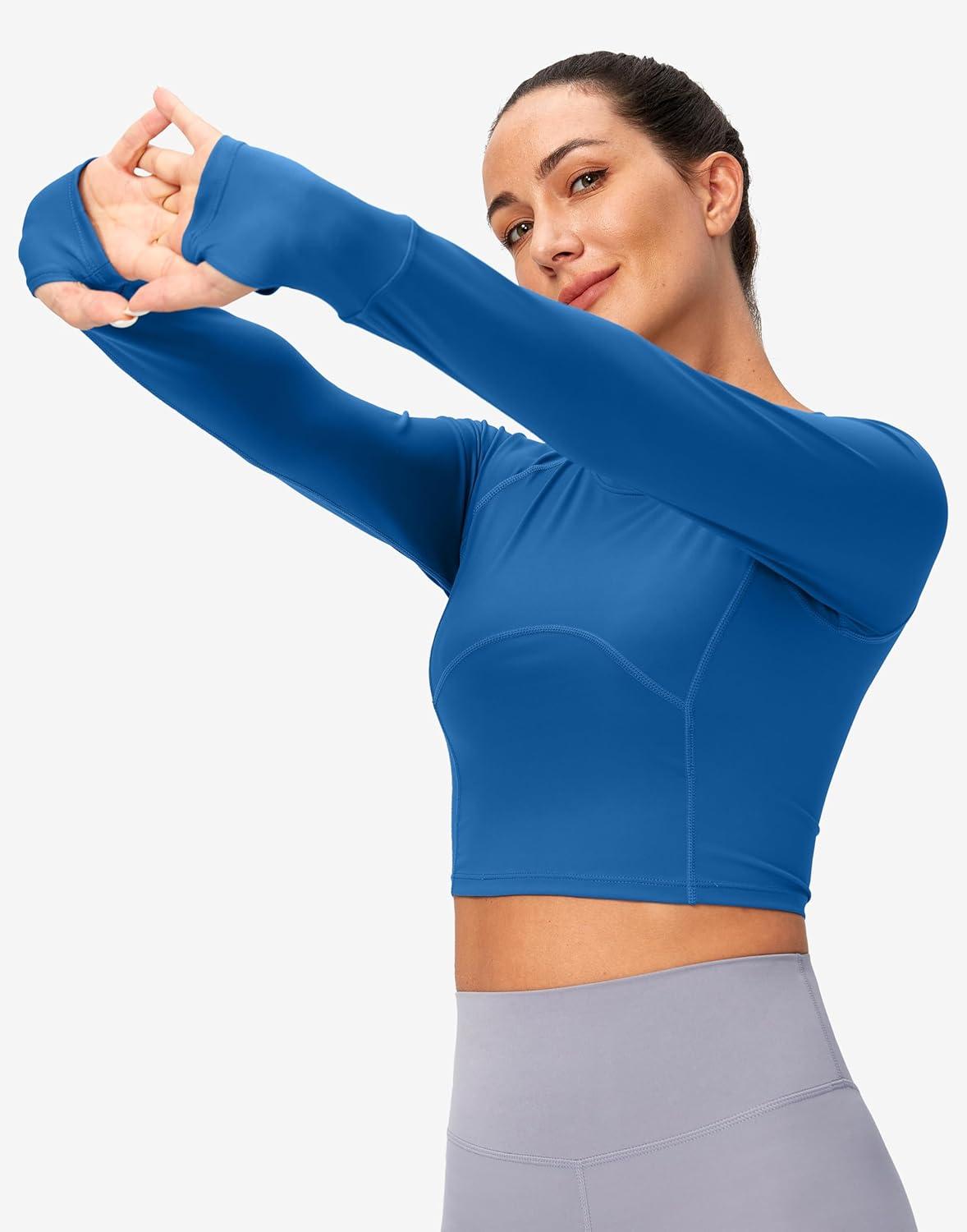 imageSANTINY Womens Long Sleeve Crop Workout Tops Slim Fit Gym Yoga Running Shirts for WomenBlue