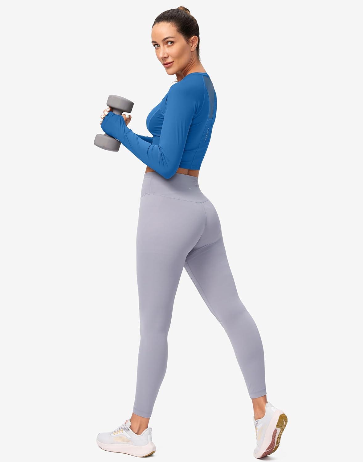 imageSANTINY Womens Long Sleeve Crop Workout Tops Slim Fit Gym Yoga Running Shirts for WomenBlue